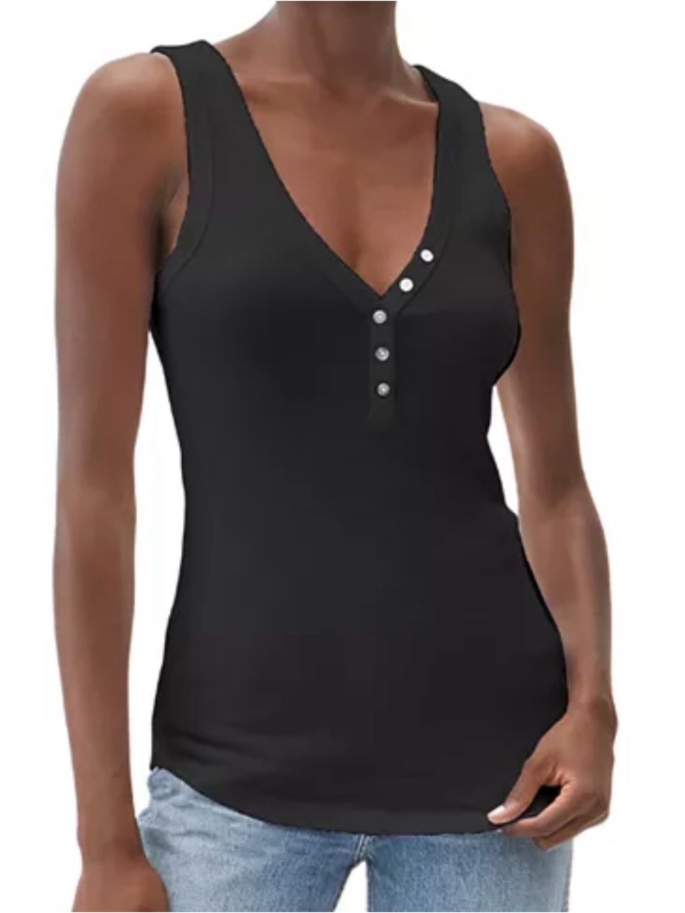 #202 Michael Stars Black V-Neck Tank Top with Button Detail Size S